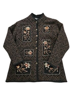 VINTAGE Icelandic Design Lined Emboirdered Wool Granny Cardigan Jacket Medium